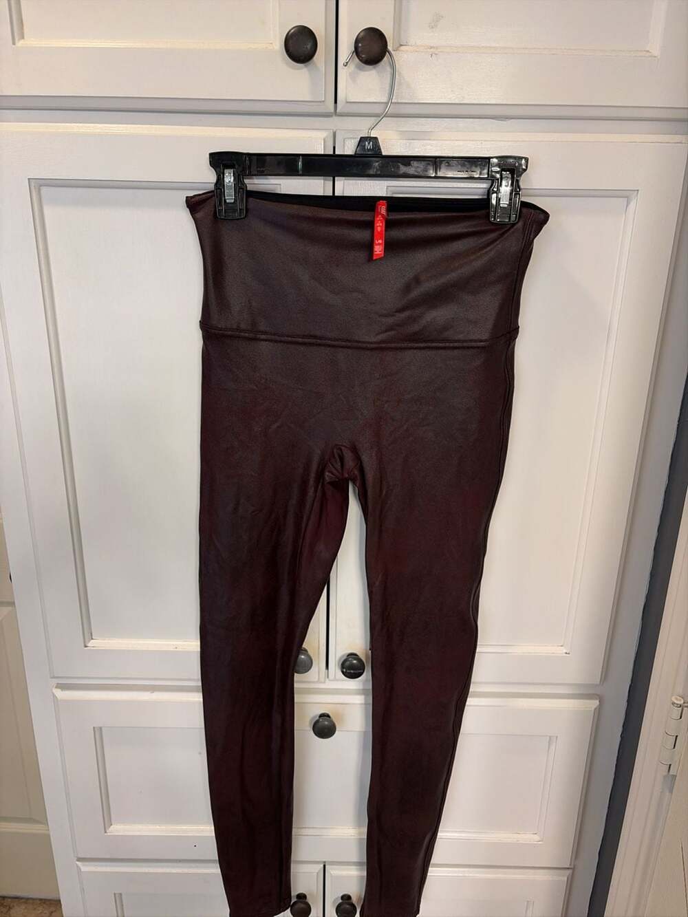 Spanx Faux Shiny Deep Maroon Leather Leggings Size Large